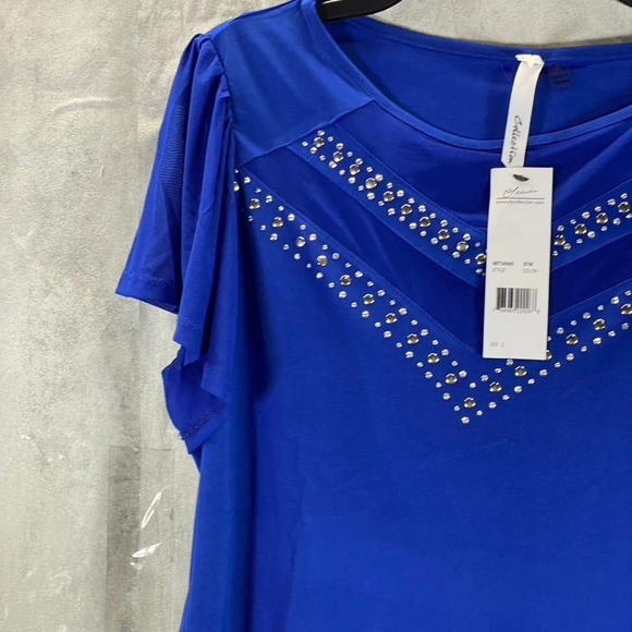 NY Collection Women's Surf The Web Mesh Studded Embellished Flutter-Sleeve Top - Picture 3 of 11